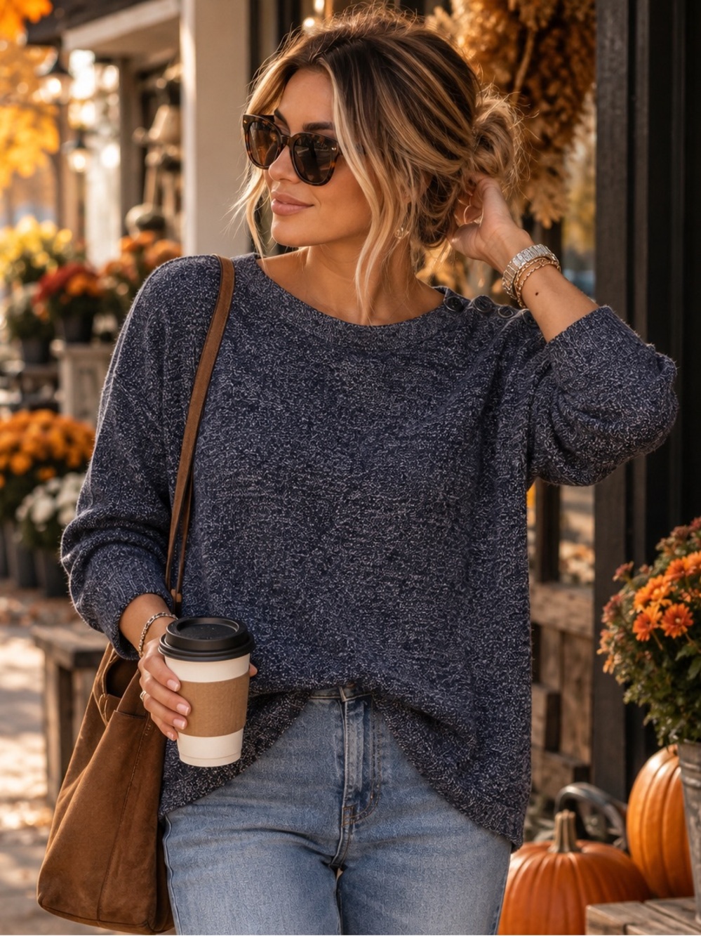 Talbots Navy Marled Knit Button Shoulder Sweater Women’s L Relaxed Coastal Fall